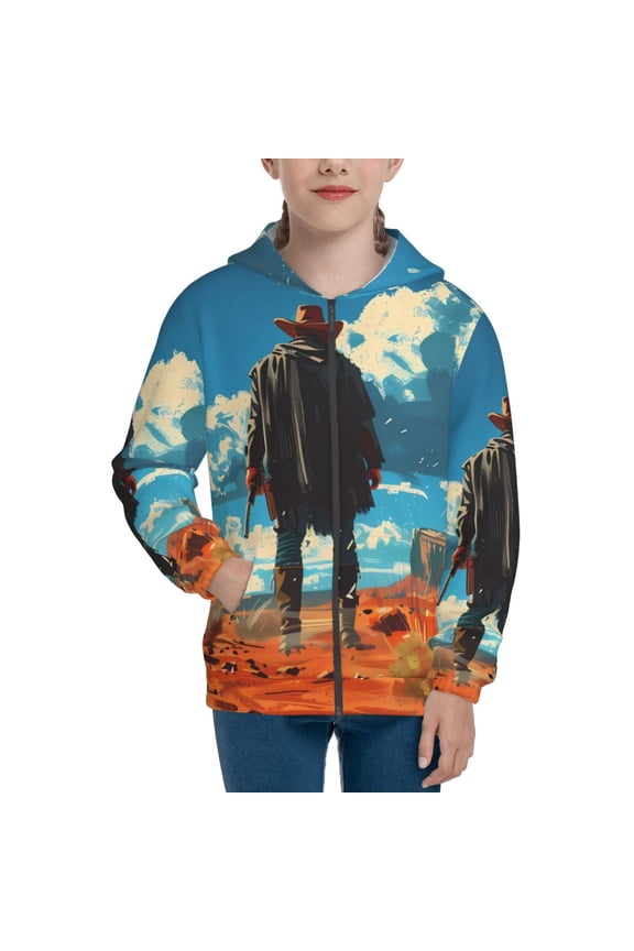 Lone Cowboy Desert Scene for Boys Fashion Full-zip Hoodies & Sweatshirts with Kangaroo Pocket,Zip-up Hooded Sweatshirt for Kid, Moisture Wicking & Breathable-Medium