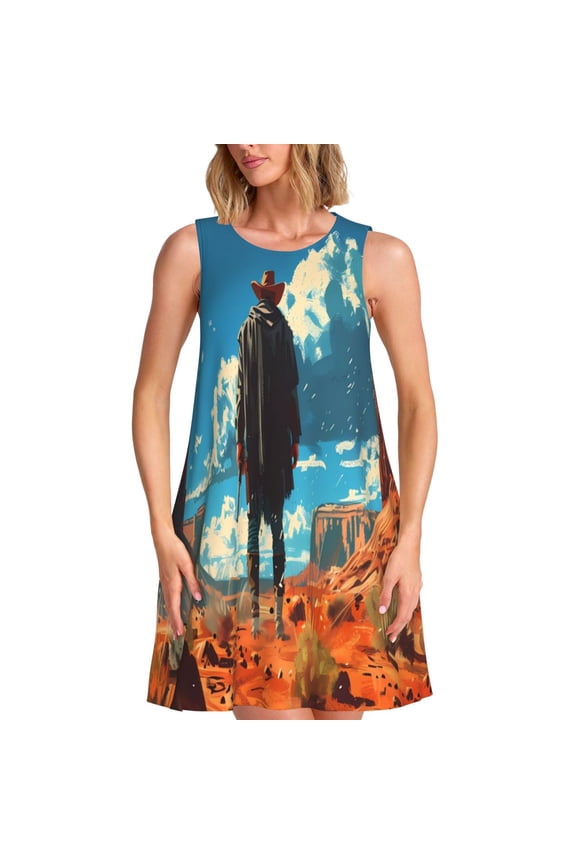 Lone Cowboy Desert Scene Print Women’s Sleeveless Midi Swing Dress – A-Line Pleated Tank Sundress, Comfortable and Flowy T-Shirt Dress