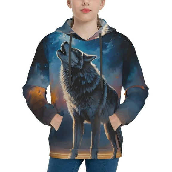 Picia Lonely Night Sky Wolf Pattern Youth Hoodie - Warm Pullover Sweatshirt with Kangaroo Pocket, Ideal for Boys and Girls-Large
