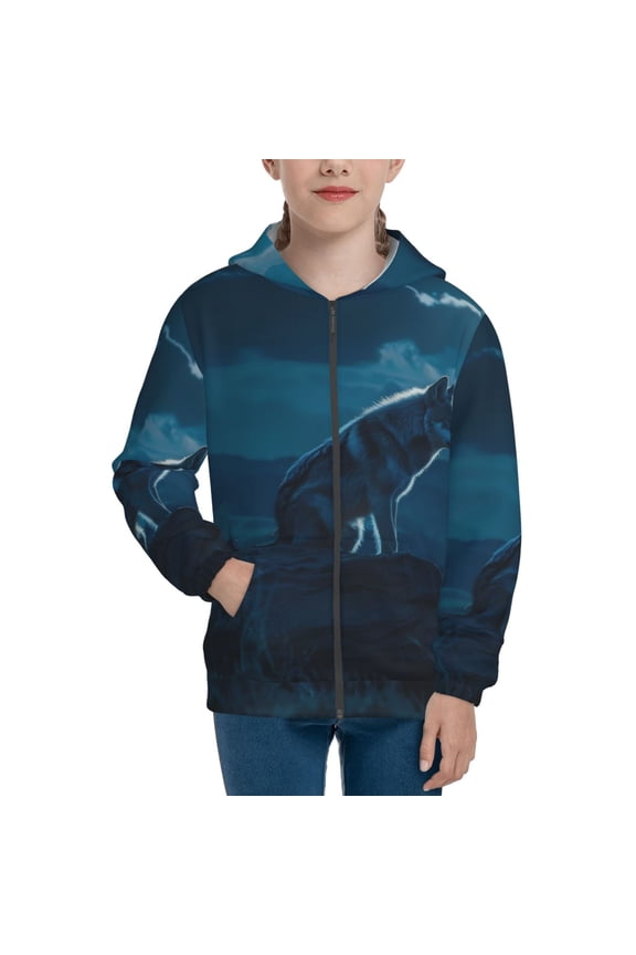 Lonely Night Wolf for Boys Fashion Full-zip Hoodies & Sweatshirts with Kangaroo Pocket,Zip-up Hooded Sweatshirt for Kid, Moisture Wicking & Breathable-Small