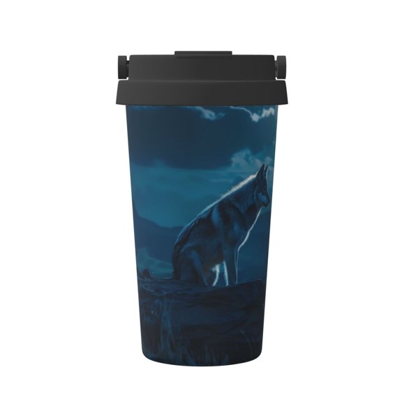 Picia Lonely Night Wolf Pattern 500ml Carry Insulated Coffee Mug, Stainless Steel Travel Mug with Hidden Handle, Leak-Proof for Car, Office, Home, and Outdoor Use