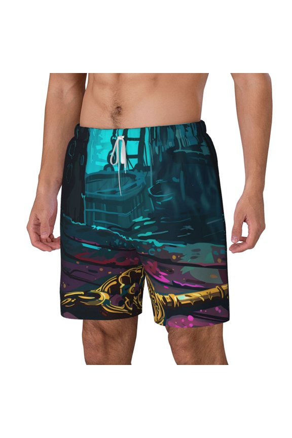 Lost Golden Key pattern Mens Swim Trunks with Compression Liner Stretch Beach Shorts Quick Dry with Zipper Pockets No-Chafing Board Shorts-Medium