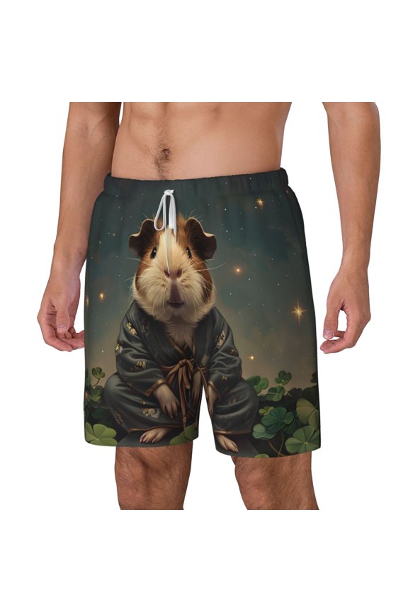 Lotus Leaf Starry Sky Guinea Pig pattern Mens Swim Trunks with Compression Liner Stretch Beach Shorts Quick Dry with Zipper Pockets No-Chafing Board Shorts-Large