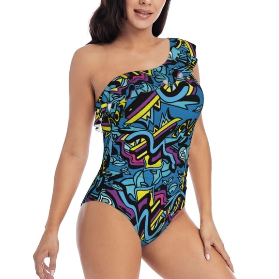 Picia Love Music Pattern Women's One Piece Swimsuits,One Shoulder Swimwear Asymmetric ,Ruffle Monokinis Bathing Suits,High Waisted Flattering Bathing Suits-Large