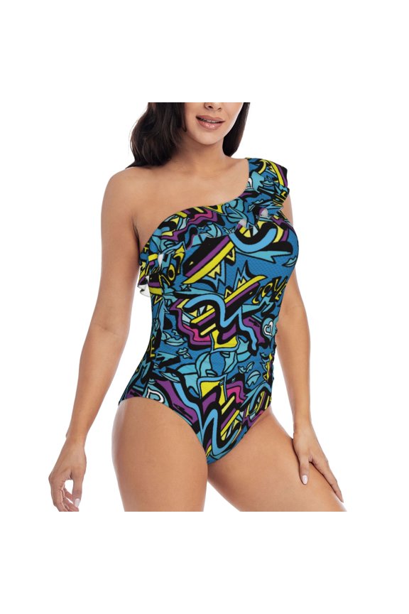 Love Music Pattern Women's One Piece Swimsuits,One Shoulder Swimwear Asymmetric ,Ruffle Monokinis Bathing Suits,High Waisted Flattering Bathing Suits-Medium