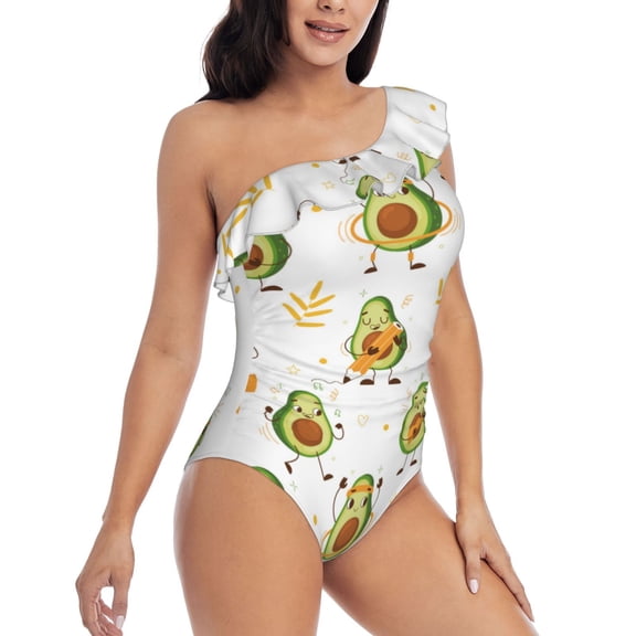 Picia Lovely Avocado Pattern Women's One Piece Swimsuits,One Shoulder Swimwear Asymmetric ,Ruffle Monokinis Bathing Suits,High Waisted Flattering Bathing Suits-Medium