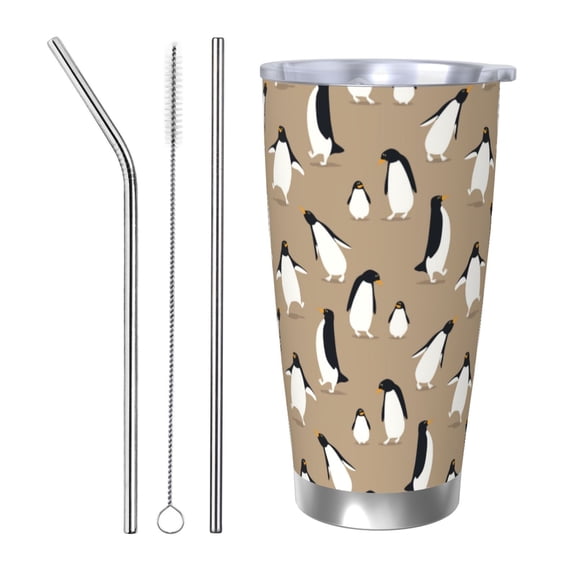 Picia Lovely Penguin Pattern 20 oz Tumbler Stainless Steel Vacuum Insulated Coffee Ice Cup Double Wall Travel Flask Dual Lid Water Bottle, Eco-friendly Car Cup-Straw Three-piece Set