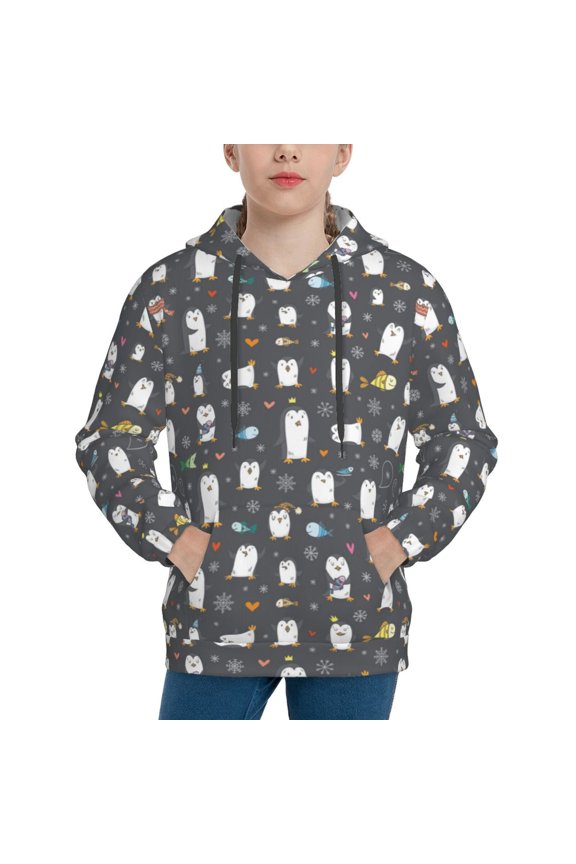 Lovely Penguin Pattern Youth Hoodie - Warm Pullover Sweatshirt with Kangaroo Pocket, Ideal for Boys and Girls-Medium