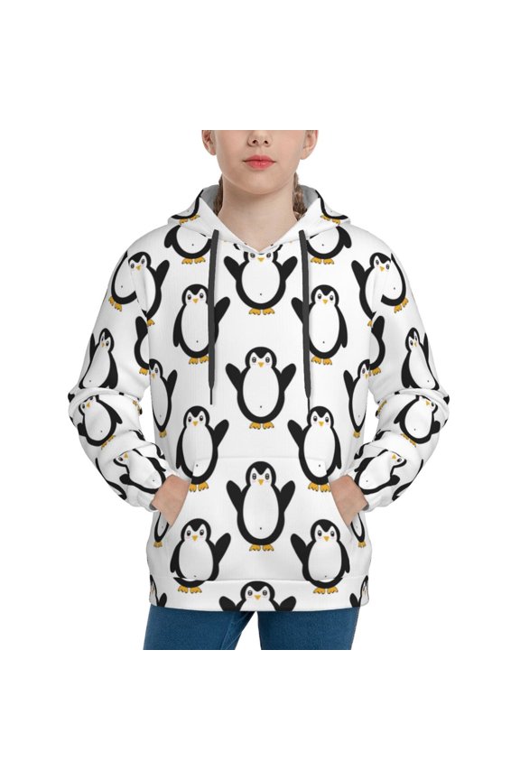 Lovely Penguin Pattern Youth Hoodie - Warm Pullover Sweatshirt with Kangaroo Pocket, Ideal for Boys and Girls-Small