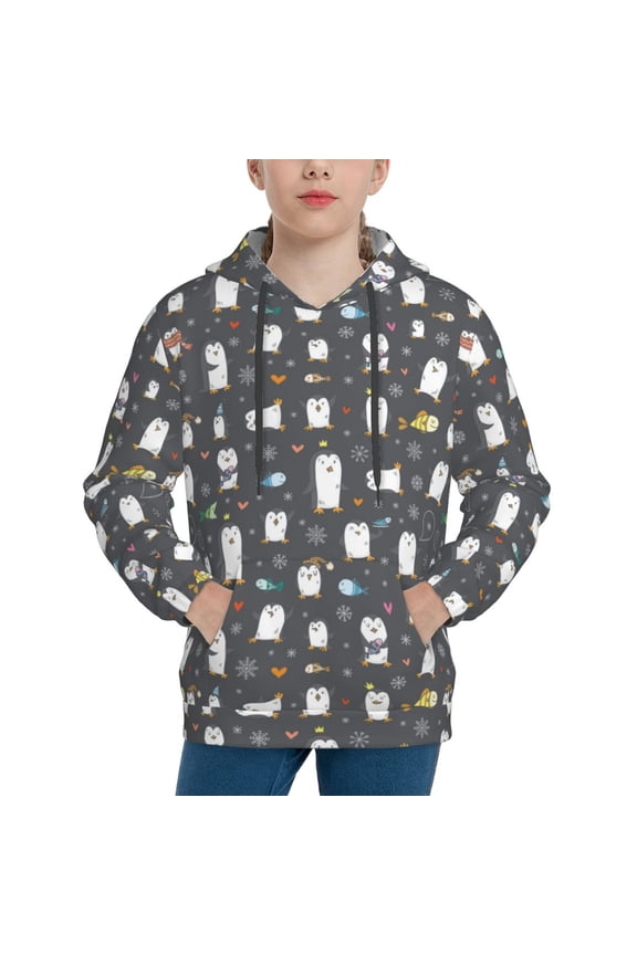 Lovely Penguin Pattern Youth Hoodie - Warm Pullover Sweatshirt with Kangaroo Pocket, Ideal for Boys and Girls-X-Large