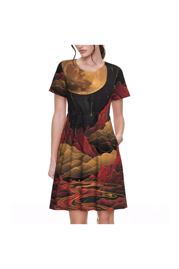 Lunar Mountains Golden Rivers Pattern Women's Short Sleeve Summer Dress Pleated Loose Swing Knee Length Short Sleeve Swing Dresses