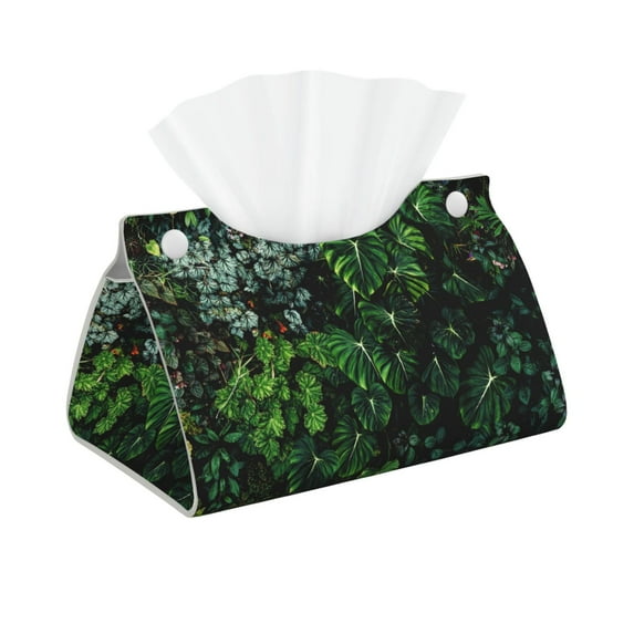 Picia Lush Foliage Green Plant Pattern Long Tissue Box Cover,PVC Leather Triangle Holder,Tissue Box Holder with Magnetic Bottom,Facial Paper Organizer Dispenser-7.9"X4.9"X4.5"