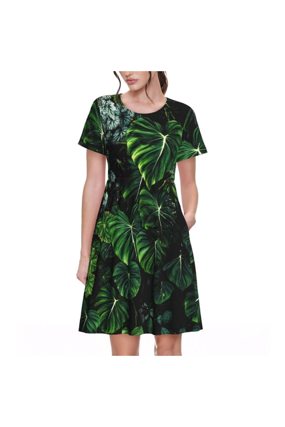 Lush Foliage Green Plant Pattern Women's Short Sleeve Summer Dress Pleated Loose Swing Knee Length Short Sleeve Swing Dresses