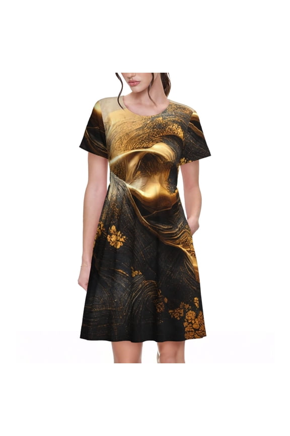 Luxurious Gold Flow Pattern Women's Short Sleeve Summer Dress Pleated Loose Swing Knee Length Short Sleeve Swing Dresses
