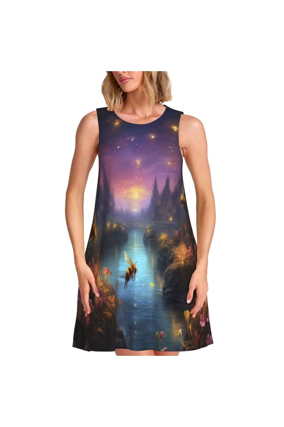 Magical Bees Twilight River Print Women’s Sleeveless Midi Swing Dress – A-Line Pleated Tank Sundress, Comfortable and Flowy T-Shirt Dress
