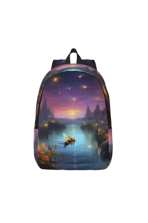 Magical Bees Twilight River Printed Canvas Daypack - Stylish and Durable Vintage Compact Backpack - Class, Work, Travel, or Laptop Bookbag,Organized Compartments-Small