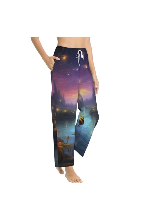 Magical Bees Twilight River Womens Soft Woven Cotton Elastic Waistband Sleep Pajama Pant Lounge Sleep Pant With Pockets And Drawstring-Medium