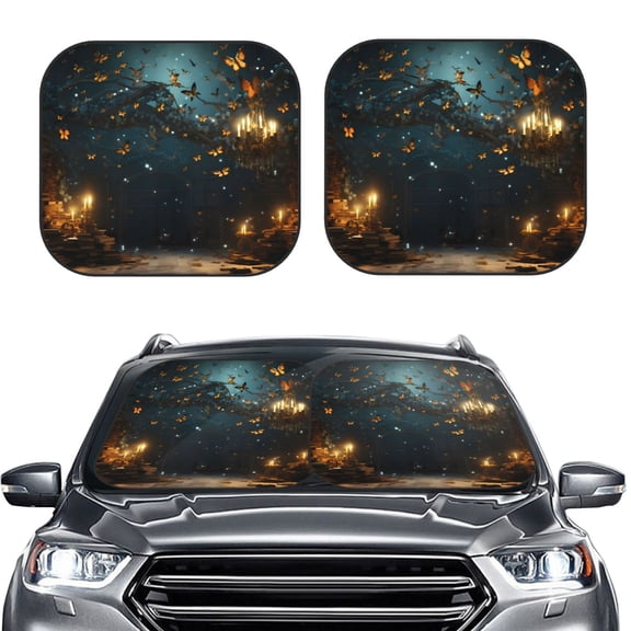 Picia Magical Library Butterfly Night 2 Piece Car Windshield Sun Shade Foldable | Foldable Sun Shield for Front Window Blocks UV Rays and Keeps Your Vehicle Cool-Small