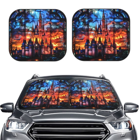 Picia Magical Stained Glass Castle 2 Piece Car Windshield Sun Shade Foldable | Foldable Sun Shield for Front Window Blocks UV Rays and Keeps Your Vehicle Cool-Large
