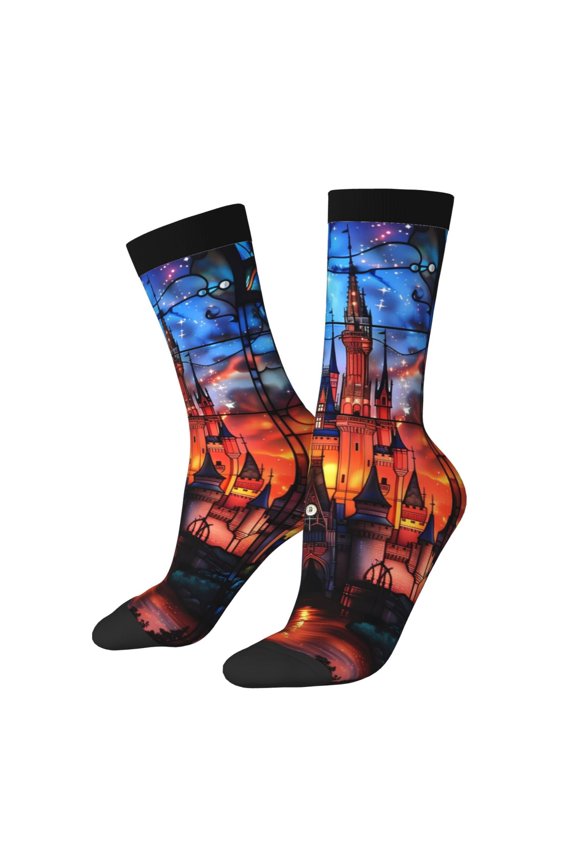Magical Stained Glass Castle Print Athletic Socks for Men & Women – Cushioned Moisture-Wicking Crew Socks for Sports, Running, and Training, Soft & Breathable Size 5-11