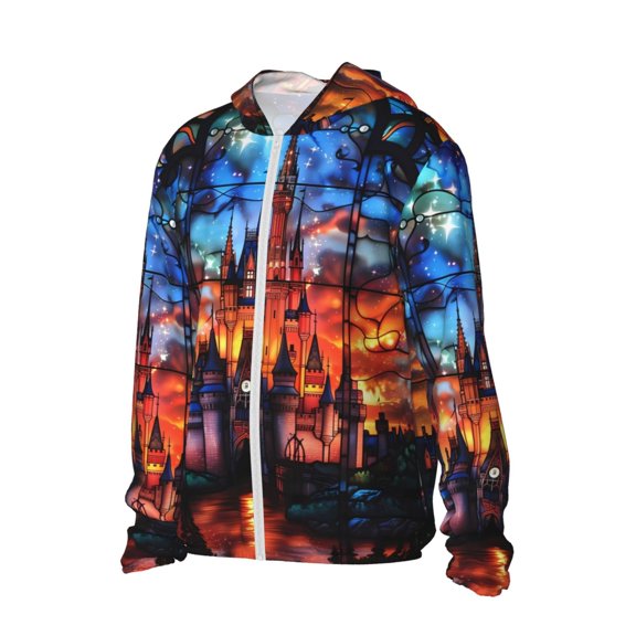 Picia Magical Stained Glass Castle Women's Men's UPF 50+ Sun Protection Hoodie Shirt Long Sleeve SPF Fishing Outdoor UV Hiking Lightweight Shirts-Large