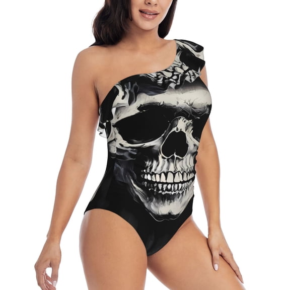 Picia Magician Hat Skull Pattern Women's One Piece Swimsuits,One Shoulder Swimwear Asymmetric ,Ruffle Monokinis Bathing Suits,High Waisted Flattering Bathing Suits-Small