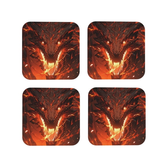 Picia Magma Fire Black Dragon Printed Leather Coasters for Drinks, 4" Drink Coasters Set of 4 for Tabletop Protection, Handmade Luxurious Home Décor and Housewarming Gift -Square
