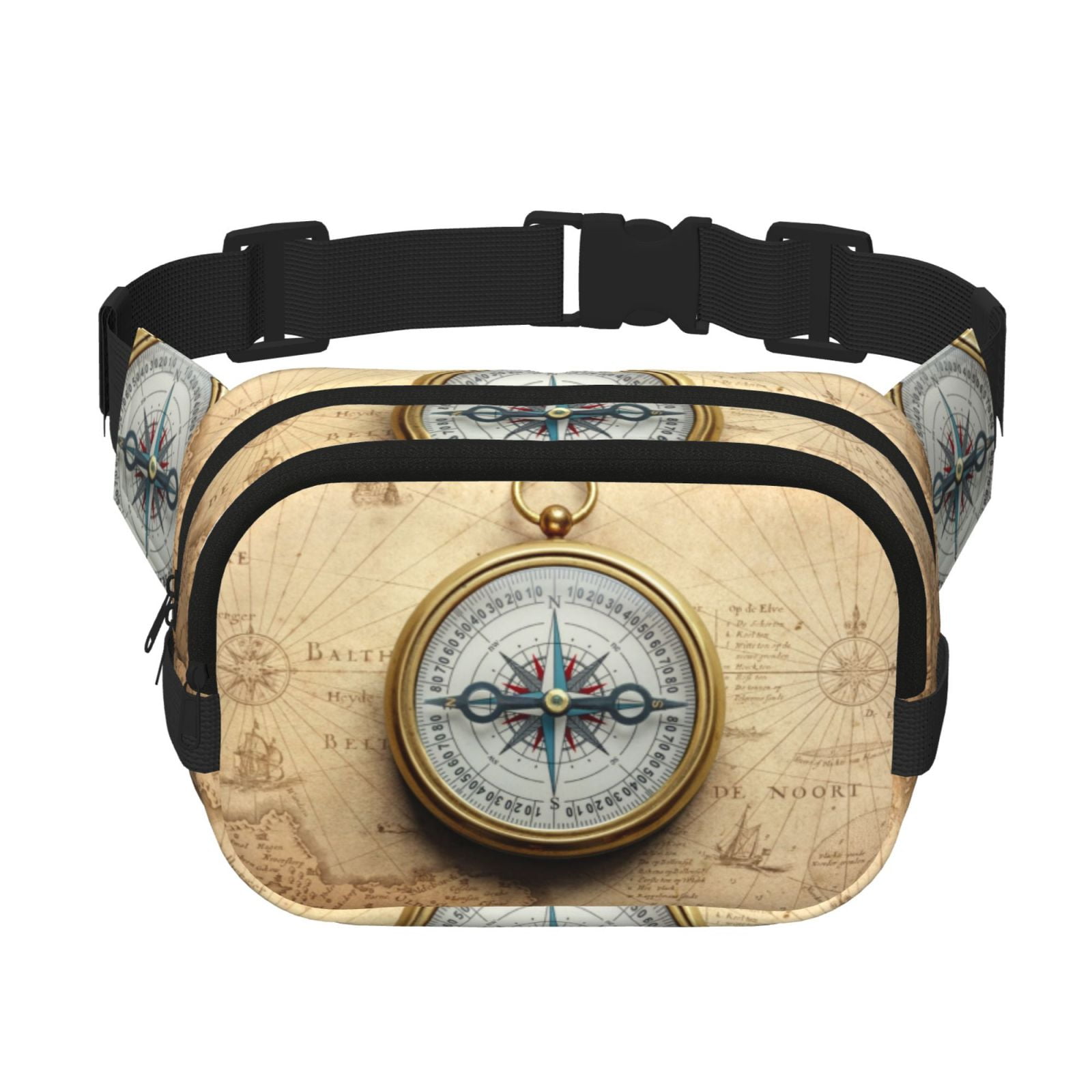 Picia Magnetic Old Compass On World Map Print Square Double-Layer Waist Bag Mini Adjustable Waist Belt Bag Exercise Running Travel Hiking