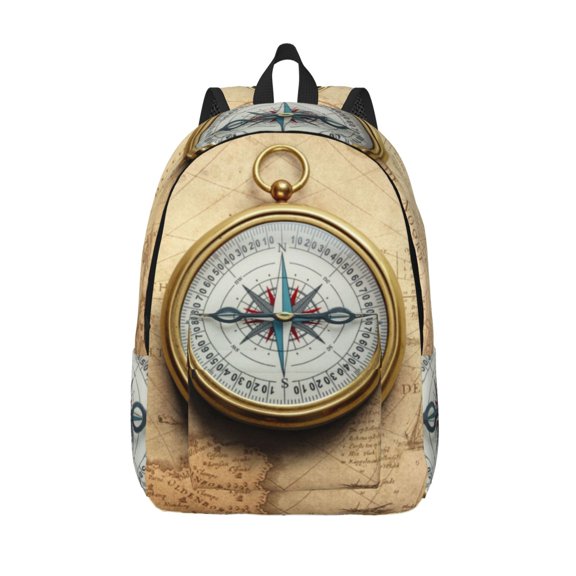 Picia Magnetic Old Compass On World Map Printed Canvas Daypack - Stylish and Durable Vintage Compact Backpack - Class, Work, Travel, or Laptop Bookbag,Organized Compartments-Medium