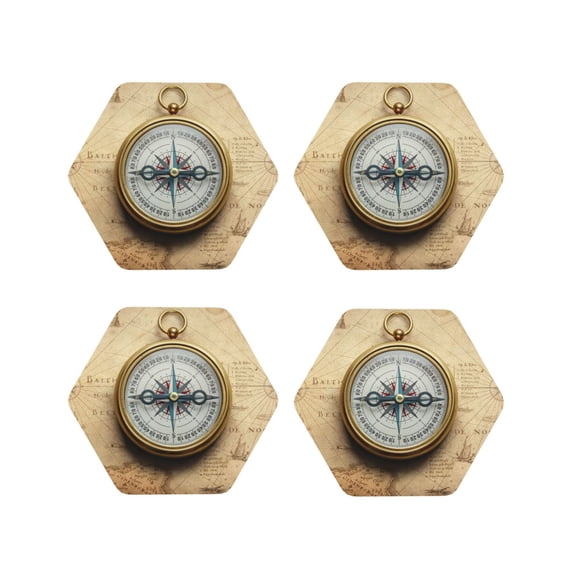 Picia Magnetic Old Compass On World Map Printed Leather Coasters for Drinks, 4" Drink Coasters Set of 4 for Tabletop Protection, Handmade Luxurious Home Décor and Housewarming Gift -Hexagon