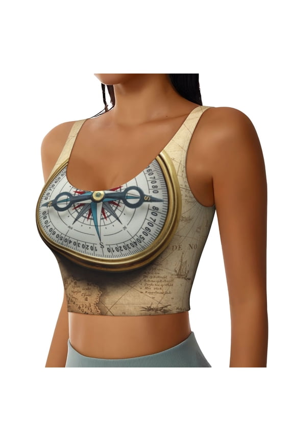 Magnetic Old Compass On World Map Sports Bra for Women,Padded Strappy Sports Bras Medium Support Yoga Bra with Removable Cups,Running Yoga Bra-X-Large