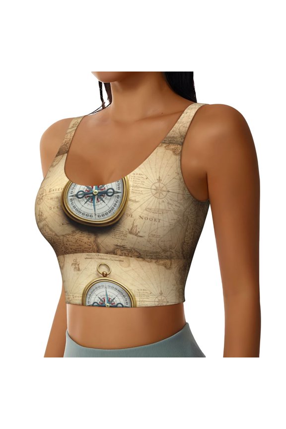 Magnetic Old Compass On World Map Sports Bra for Women,Padded Strappy Sports Bras Medium Support Yoga Bra with Removable Cups,Running Yoga Bra-XX-Large