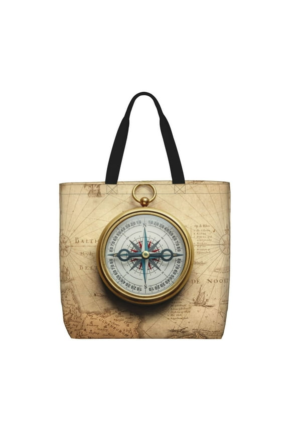 Magnetic Old Compass On World Map for Tote Bag for Women with Zipper, Gym Tote with Compartments, Laptop Work Tote Nurse Dance Yoga Bag for Sport, Travel