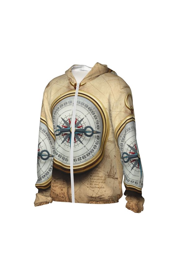 Magnetic Old Compass On World Map Women's Men's UPF 50+ Sun Protection Hoodie Shirt Long Sleeve SPF Fishing Outdoor UV Hiking Lightweight Shirts-X-Large