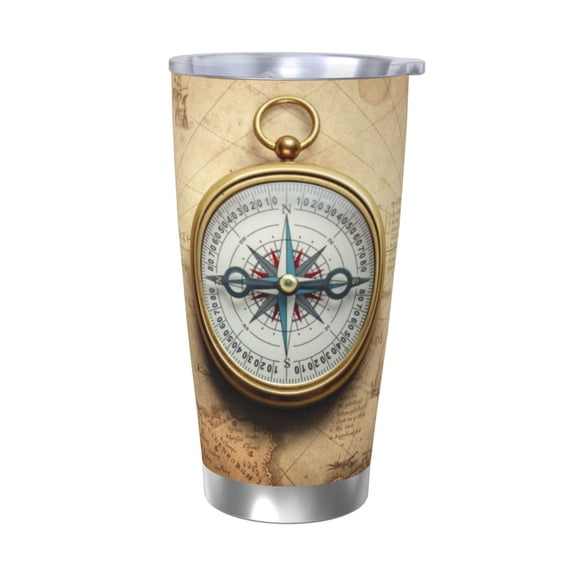 Picia Magnetic Old Compass On World Map Pattern 20 oz Tumbler Stainless Steel Vacuum Insulated Coffee Ice Cup Double Wall Travel Flask Dual Lid Water Bottle, Eco-friendly Car Cup-Without Straw
