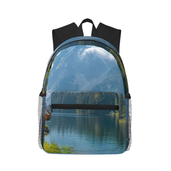 Picia Majestic Deer Mountain Lake Large Capacity Backpack Classic Style Backpack Casual Backpack Water-Resistant School Work Travel Outdoor Backpack