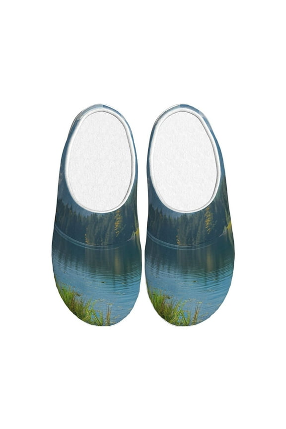 Majestic Deer Mountain Lake for Women's Lamb-hug Comfy Fleece House Slippers Memory Foam, Slip-on House Shoes Indoor Outdoor-39/40