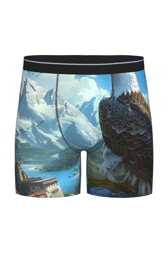 Majestic Eagle Over Castle Pattern Men's Athletic Long Leg Briefs , Performance Stretch Underwear，Moisture-Wicking