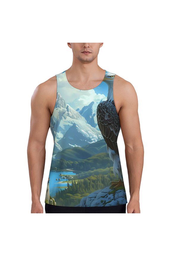 Majestic Eagle Over Castle Printed Men’s Performance Tank, Men's Workout Tank Top Moisture-Wicking Tank Top Muscle tee, Breathable Workout Shirt-XX-Large