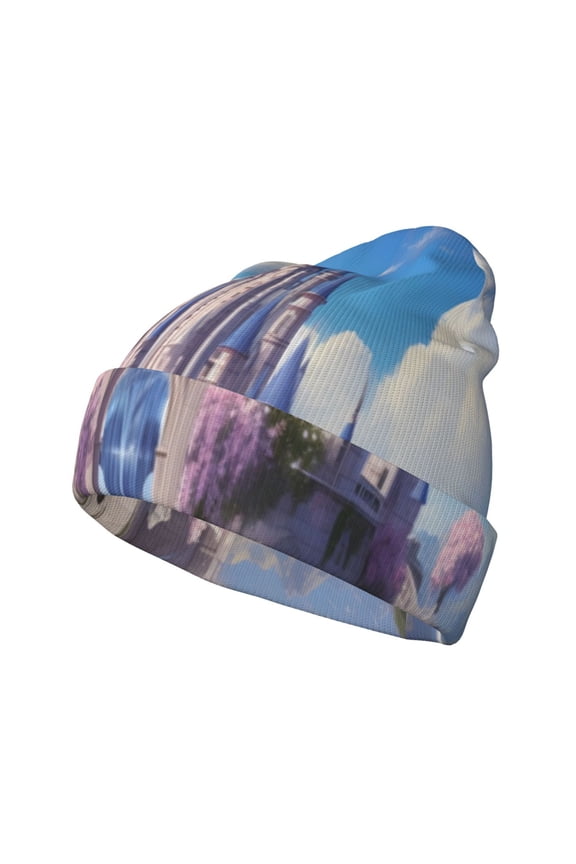 Majestic Fantasy Castle Pattern Knitted Beanie Hat for Men and Women , Unisex Winter Warm Stretchy Knit Cap Thick Fisherman Beanies Cuffed Plain Skull Caps