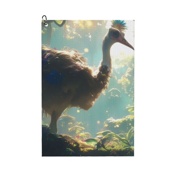 Picia Majestic Ostrich In Forest Microfiber Golf Towel (24" X 16") with Carabiner Clip, Waffle Pattern Hook - Golf Accessories and Gifts, Father's Day, Christmas, Birthday Gift
