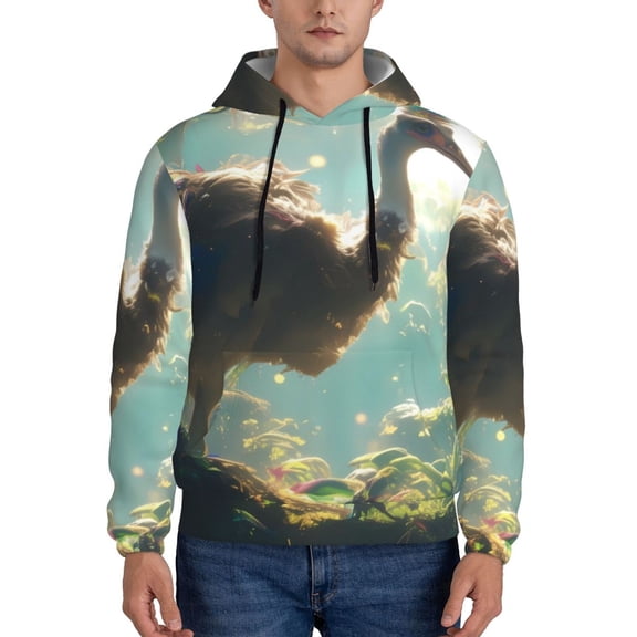 Picia Majestic Ostrich In Forest Pattern Casual Men's Hoodie - Lightweight Hooded Sweatshirt with Kangaroo Pocket, Comfortable Pullover for Everyday, Travel-Small