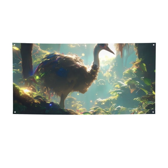 Picia Majestic Ostrich In Forest Pattern Party Banner, Festive Decoration, Holiday Banner, Celebration Decor, Event Banner, Reusable Party Banner-Medium