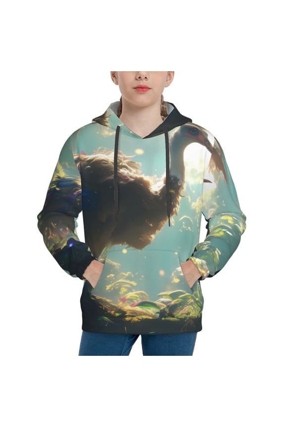 Majestic Ostrich In Forest Pattern Youth Hoodie - Warm Pullover Sweatshirt with Kangaroo Pocket, Ideal for Boys and Girls-X-Large