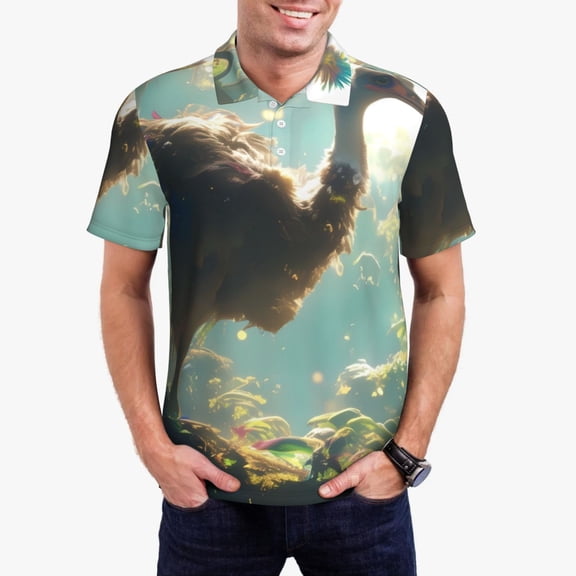 Picia Majestic Ostrich In Forest Print Men's Polo Shirt, Two-Button Closure Pique Polo Shirt, Summer Fashion Golf Shirt-Medium