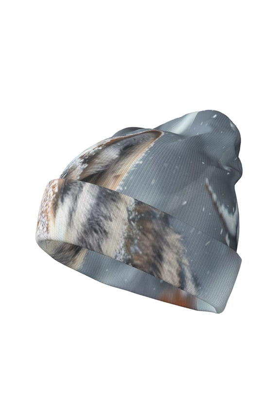 Majestic Snowy Wolf Pattern Knitted Beanie Hat for Men and Women , Unisex Winter Warm Stretchy Knit Cap Thick Fisherman Beanies Cuffed Plain Skull Caps