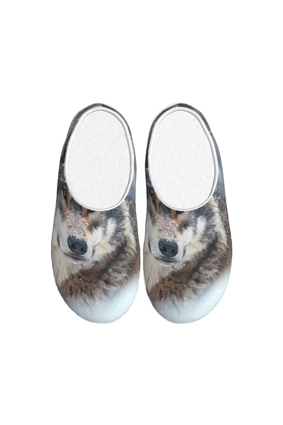 Majestic Snowy Wolf for Women's Lamb-hug Comfy Fleece House Slippers Memory Foam, Slip-on House Shoes Indoor Outdoor-42/43