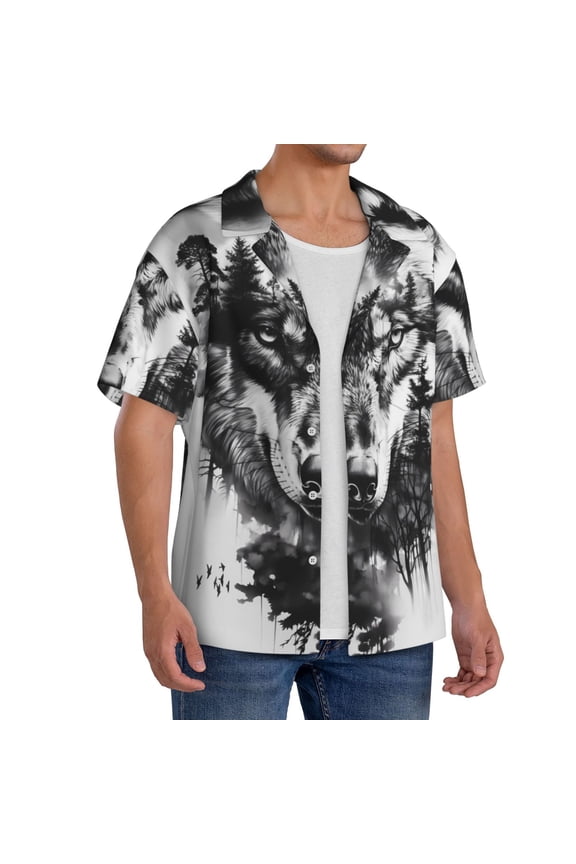 Majestic Wolf Landscape Men's Linen Shirts Short Sleeve Cuban Beach Shirts Casual Shirts Button Down Shirt for Men Beach Summer Wedding Shirt-4X-Large