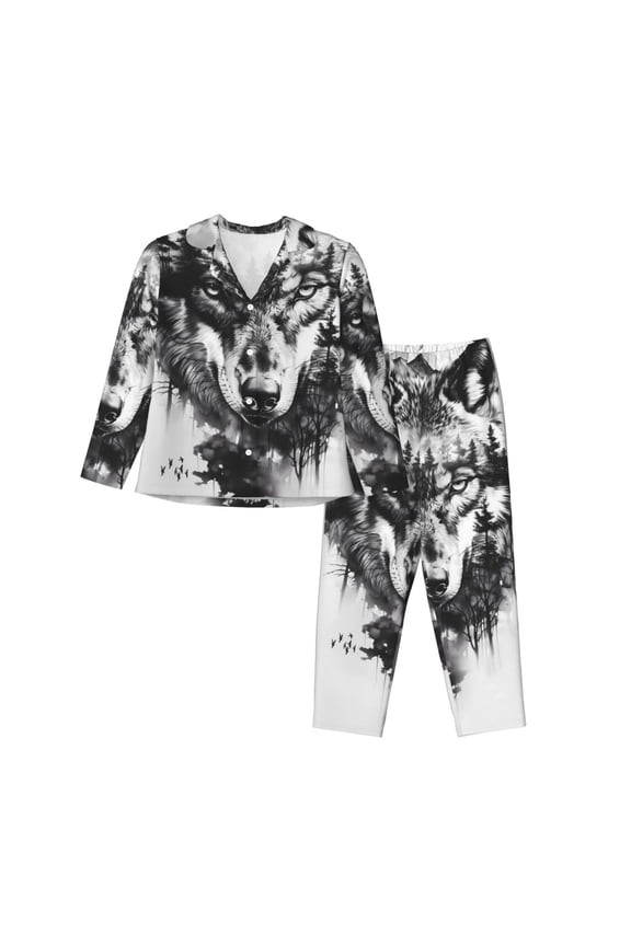 Majestic Wolf Landscape Pattern Women’s Long-Sleeve Sleepwear Set - Soft 2-Piece Loungewear with Pockets, Comfy PJs for Relaxing Nights-Medium