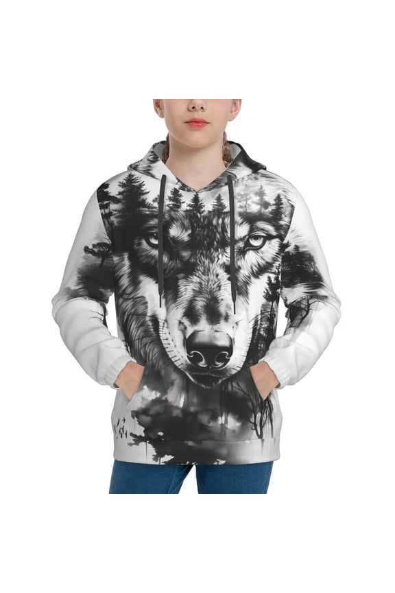 Majestic Wolf Landscape Pattern Youth Hoodie - Warm Pullover Sweatshirt with Kangaroo Pocket, Ideal for Boys and Girls-Small